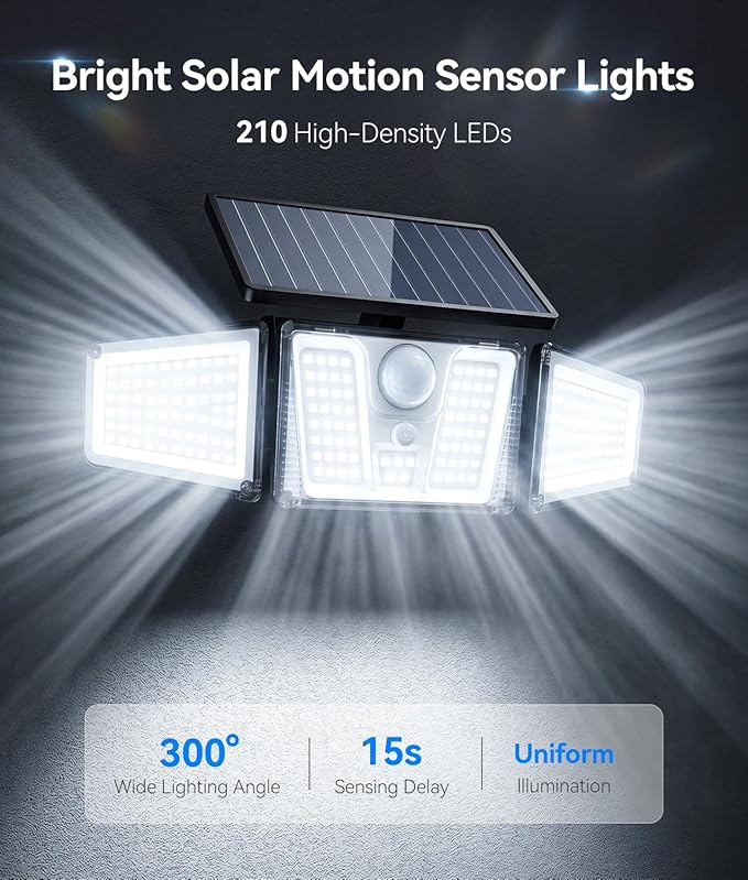 KOOPER 4 Pack Solar Flood Lights, 210 LED Motion Sensor Outdoor Lights, Solar Motion Lights Outdoor Waterproof, 3 Heads 300° Wide Angle Outdoor Security Lights for Yard Patio Garage Entryways, Black