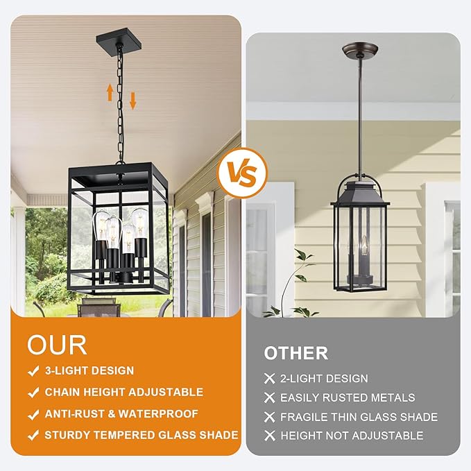 VINLUZ 4-Light 16" Outdoor Pendant Light with Adjustable Chain, Matte Black Outdoor Hanging Light Fixture, Exterior Hanging Lantern Chandelier for Entryway Patio Garden