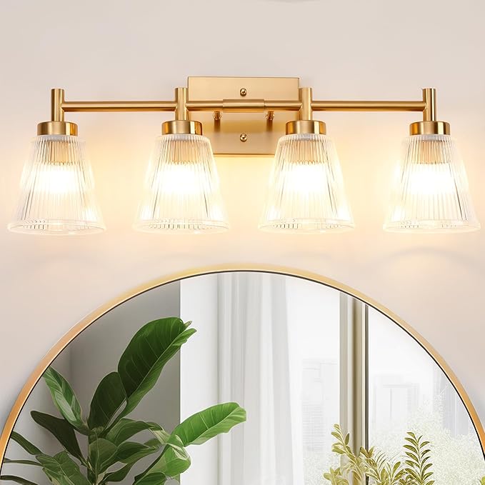 OCIOC 4-Light Bathroom Vanity Light, Burshed Gold Bathroom Light With Stripe Glass Shade, Makeup Light over Mirror, Wall Mounted Sconces for Living room, Kitchen, Hallway