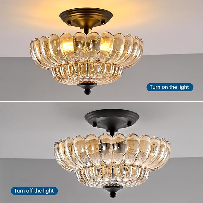 HuixuTe Modern Semi Flush Mount Ceiling Light, 3-Light Black Close to Ceiling Light Fixture with Amber Glass Shade for Living Room Entryway Bedroom