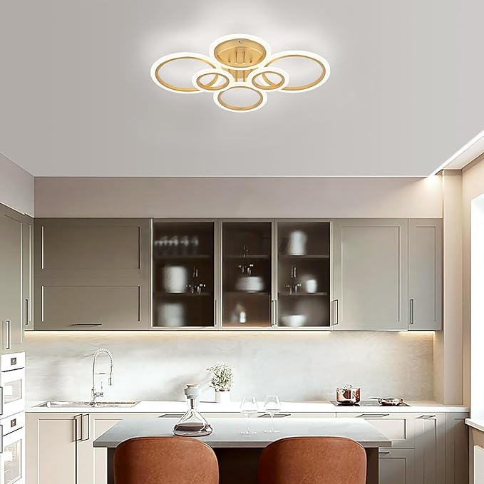 Vikaey Modern LED Flush Mount Ceiling Light, 6 Rings Gold Close to Ceiling Light Fixtures, Living Room Lighting Fixture Ceiling Lamp for Kitchen, Bedroom, Laundry Room, 4000K Not Dimmable