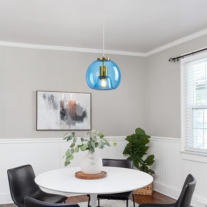 Light Blue Glass Pendant Lights Kitchen Island Gold Hanging Light Fixture Glass Globe Pendant Light Modern Pendant Lighting for Kitchen Island Bedroom Dining Room (7.87", B Style-2 Pack)