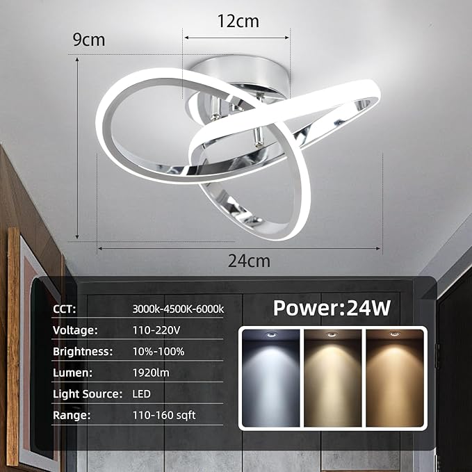 CANEOE Gold Hallway Ceiling Light Fixtures 24W Dimmable LED Ceiling Light with Remote Control Modern Flush Mount Ceiling Lights for Bedroom Bathroom Kitchen Balcony Stair Aisle Ceiling Lamp (Chrome)