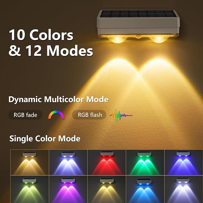 VOLISUN Solar Fence Lights Outdoor 12 Pack, 10 Colors ＆ Color Changing Fence Lights Solar Powered, IP65 Waterproof Solar Lights for Fence, Garden, Patio, Backyard, Railing, Deck, Wall, Pool（White）