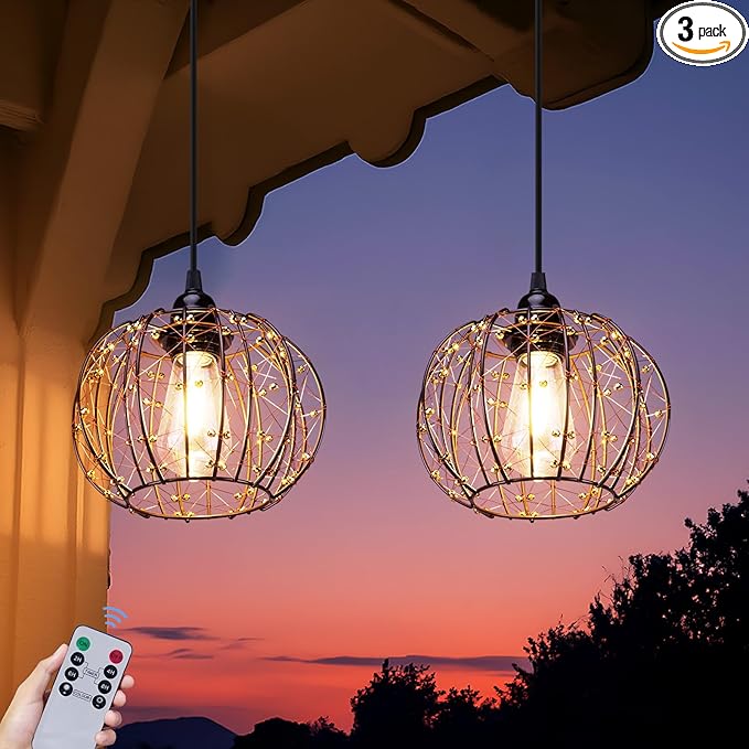 3 Pack Battery Operated Hanging Outdoor Chandelier, Battery Operated Gazebo Pendant Light Outdoor, No Wiring, Powered by 4 AA Batteries, for Gazebo, Porch, Pergola, Decor Lighting