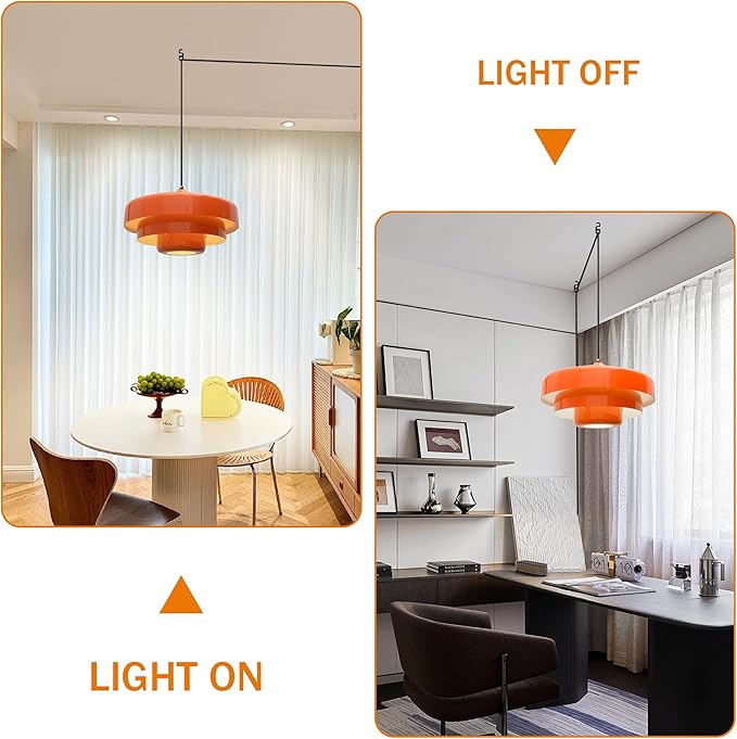 Plug in Pendant Light Mid Century Hanging Lamp with Plug in Cord Orange Pendant Lighting Fixtures Nordic Style Metal Shade On/Off Switch Hanging Light for Living Room Dining Bedroom Kitchen