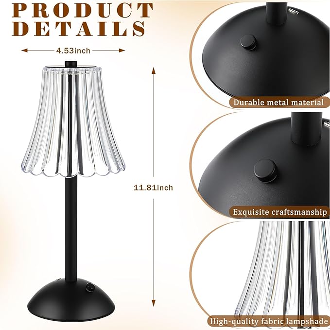 Liliful 4 Pcs Cordless Table Lamp Rechargeable Touch LED Small Gold Portable Battery Operated USB-c Desk Lamp 3 Color Dimmable for Bedroom Living Room Dining (Black,Rose Style)