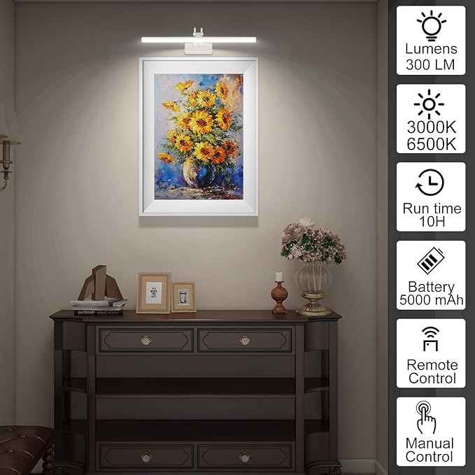 RAIFOOLLY Picture Light, Picture Lights for Wall Cordless, 16inch Picture Lights with Timer and Dimmable, Battery Wall Lights for Display Gallery Painting Art Frame Portrait - White Metal
