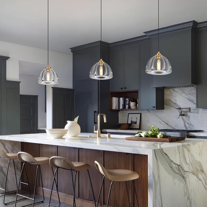 Crystal Pendant Light Kitchen Island: 2 Pack Luxury Brass Hanging Lights - 7" Modern Crystals Hemispher Lighting Fixture over Dining Table - Adjustable Gold Pendants Light for Bathroom Bulbs Included