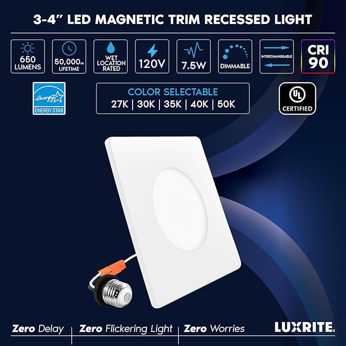LUXRITE 3-4 Inch Square LED Flush Mount & Recessed Light, 7.5W, 5CCT 2700K-5000K, 650LM, Magnetic Trim, Dimmable Ceiling Can Light, Install to J-Box or 4 Inch Housing, Wet Rated, UL Listed