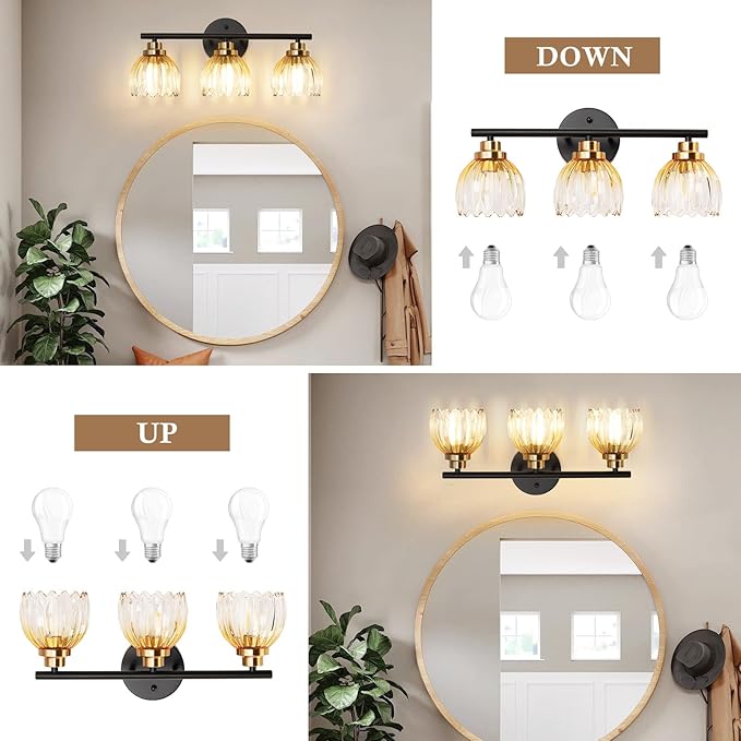 TALOYA Bathroom Vanity Light Fixtures, 3-Light Modern Black and Gold Wall Lights Over Mirror with Gradient Amber Tulip Glass Shades Bathroom Wall Lamp for Mirror, Living Room,Hallway, Farmhouse