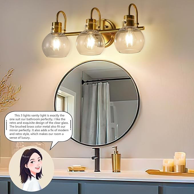 3-Light Vanity Light, Brushed Brass Bathroom Light Fixtures, Farmhouse Wall Sconces with Globe Clear Glass Shade, Porch Wall Mount Lamp for Mirror, Kitchen, Porch, Living Room, Workshop (E26 Base)
