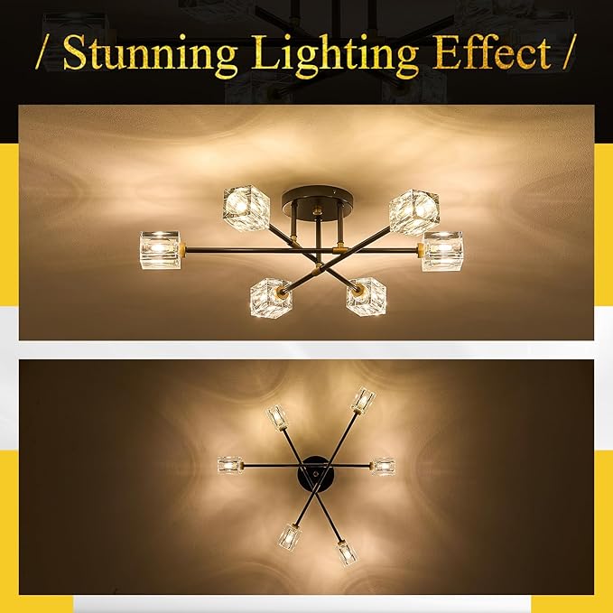 Black Gold Crystal Semi Flush Mount Ceiling Light Fixture Industrial 26" Sputnik Chandeliers 6 -Light Modern Chandelier for Foyer Entryway Kitchen Bedroom Living Room Dining Room
