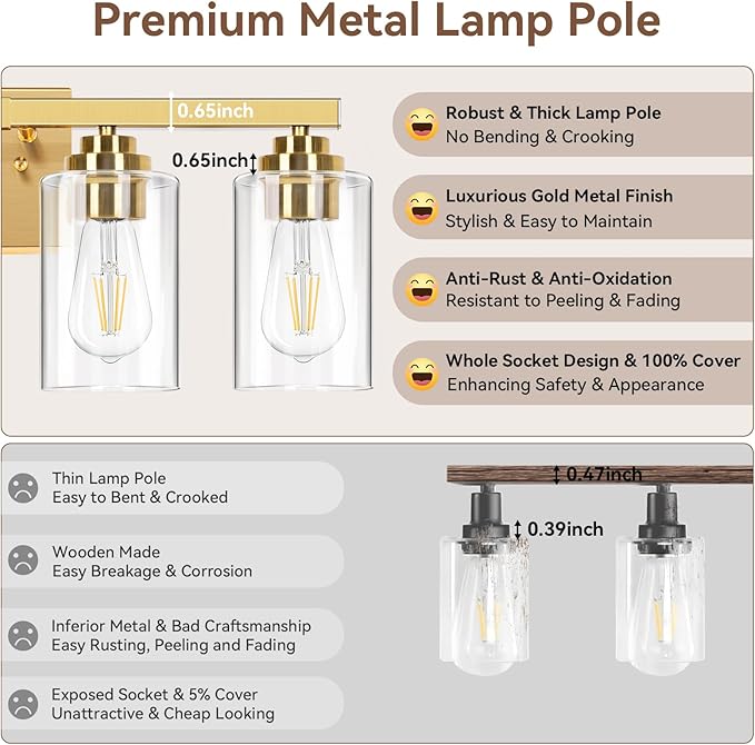 4-Light Bathroom Light Fixtures, 27" Modern Vanity Lights Over Mirror with Clear Glass Shades, Brushed Gold Vanity Lights, Classic Wall Lamp for Mirror Living Room Cabinet Bedroom Porch Kitchen
