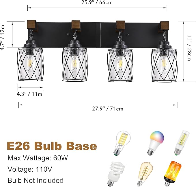 Farmhouse Bathroom Light Fixtures, 4 Light Bathroom Vanity Light with Metal and Glass Lampshade, Wood Rustic Lighting Fixtures Over Mirror, Black Wall Sconces for Living Room, Bedroom