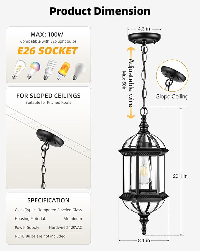 VIANIS 20" Large Outdoor Pendant Light, Black Outdoor Chandelier for Porch with Tempered Beveled Glass, 1-Light Adjustable Outdoor Chandelier for Entryway, Gazebo, Anti-Rust, 100% Aluminum