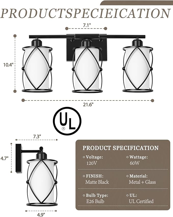 3-Light Black Bathroom Light Fixtures with Milk White Frosted Glass, 21" Modern Bathroom Vanity Lighting Fixtures Over Mirror with Metal Cage, Wall Sconce Lights for Bath, E26, CH9176BKW-3W