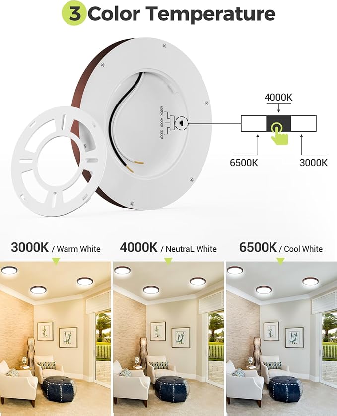 6PACK LED Flush Mount Ceiling Light, 3CCT Selectable 3000K-4000K-6500K & 100W Equivalent Modern Kitchen Recessed Ceiling Lamp 15W 1500Lm 7.5 Inch for Bathroom Closet Laundry Bedroom