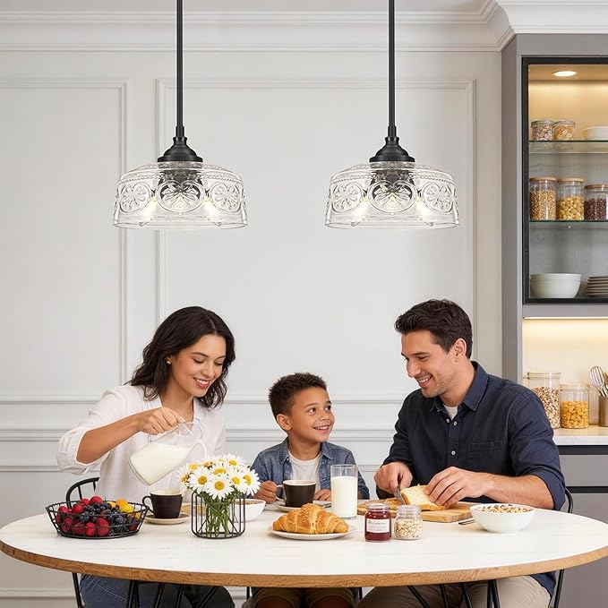 3-Light Adjustable Pendant Lights Kitchen Island, Black Metal & Clear Glass Ceiling Pendant Light, Vintage Drop Lights for Bathroom, Hallway, Convertible Ceiling Mount Or Hanging Fixture, 90°Swivel