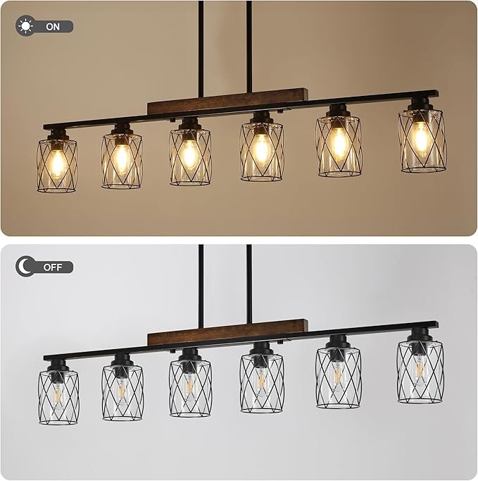 6-Light Dining Room Light Fixture/Chandelier Over Table, Island Lighting Hanging for Farmhouse Linear Chandeliers Matte Black Rustic Wood Ceiling Pendant Light Fixtures, with Clear Glass Shade