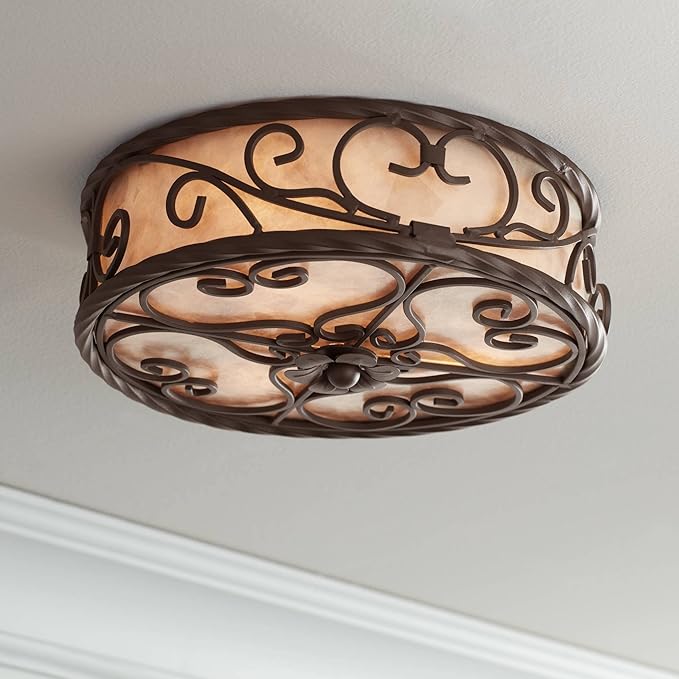 John Timberland Natural Mica Collection Farmhouse Rustic Ceiling Light Flush Mount Fixture 12" Wide Dark Walnut Drum Shade for Bedroom Hallway Living Room Dining Room Bathroom Kitchen