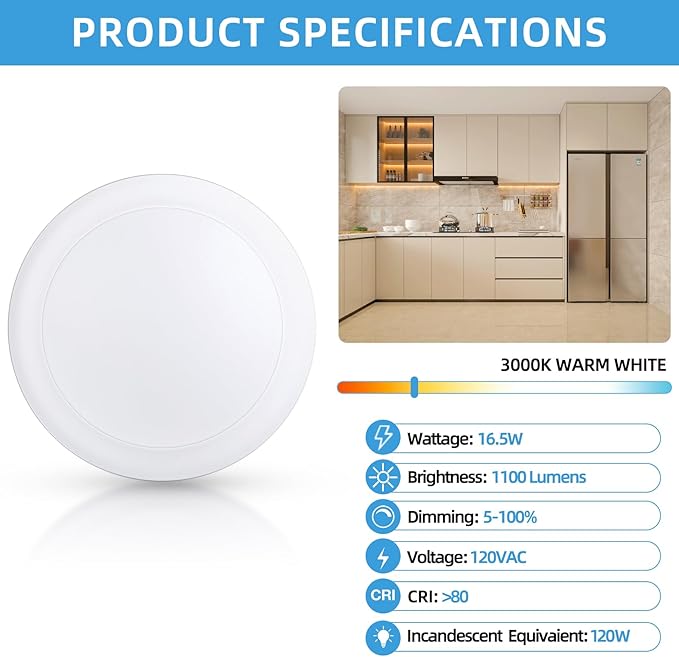 ECOELER 5/6 Inch LED Disk Lights, Dimmable Flush Mount Disc Downlight, 16.5W, 1100Lm, 3000K Warm White, Low Profile Recessed Can Lighting for Bedroom, Office, Garage, ETL & FCC, 24 Pack