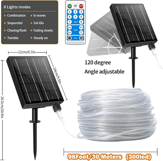 LairtPOW Thicker Tube Solar Rope Lights with Remote for Garden Decor,98FT 300LEDs Outdoor Solar String Lights for Yard,IP67 Waterproof USB Charging,Timing & 8 Modes Fairy Light for patios(Warm White)