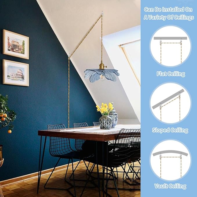 Plug in Pendant Light, Vintage Hanging Light with Plug in Cord On/Off Switch Brushed Brass Pendant Light fixtures with Blue Glass Shade 1-Light Hanging Light for Kitchen Dining Room Bedroom
