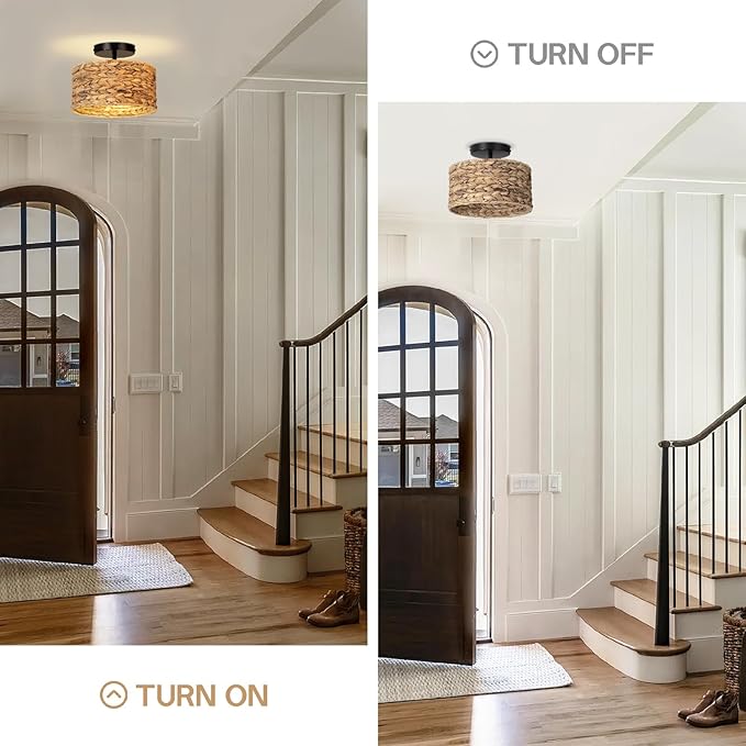 Boho Light Fixtures,11.8'' Rattan Semi Flush Mount Ceiling Lights Fixture，Farmhouse Drum Ceiling Light for Hallway Bedroom Kitchen Nursery Entryway