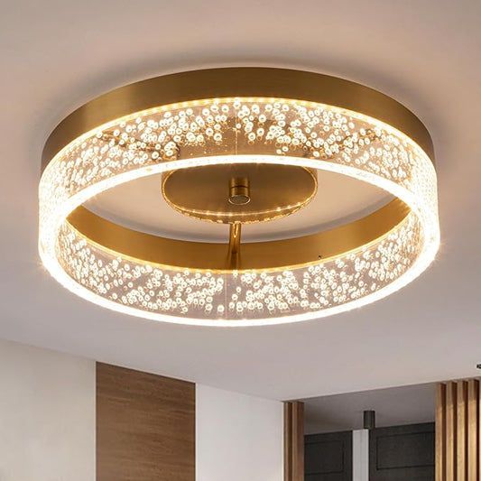 Jaycomey Modern LED Ceiling Light Fixture, 11.65" Flush Mount Kitchen Lighting Gold with Clear Seeded Acrylic Lampshade,Dimmable Round Ceiling Lamp Lights for Bedroom Dining Room