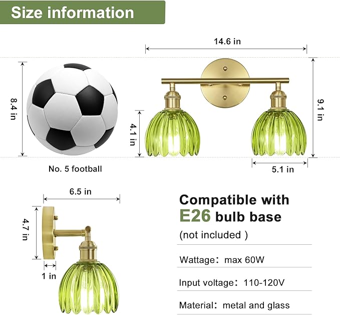 Vintage Bathroom Light Fixtures,2-Light Hardwired Vanity Lights with Green Tulip Glass Shade,Gold Bathroom Vanity Light for Mirror Restroom,E26 Socket,14.57 in(Bulbs Not Included)