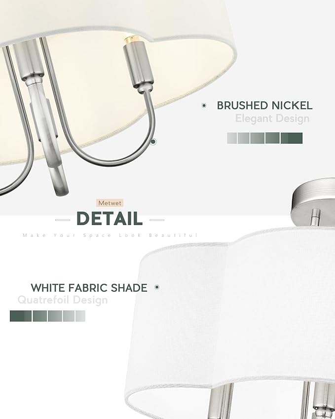 4-Light Semi Flush Mount Ceiling Light, 18" Vintage Light Fixtures Ceiling Mount with Fabric Shade in Quatrefoil for Kitchen Entryway Hallway Bedroom, Brushed Nickel, SM179-BN-L