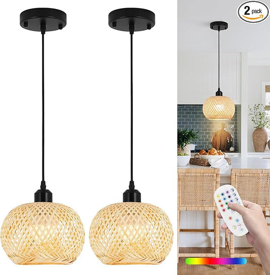 Boho Pendant Light Battery Operated,Rechargeable Woven Pendant Light with Remote,Rattan Pendant Light Fixtures for Kitchen Island,Wicker Hanging Lights for Dining Room Bedroom Hallway Entryway.