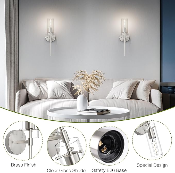 Wall Sconce Set of 2 Brushed Nickel Wall Light, Bathroom Vanity Light Fixture Modern Indoor Wall Light with Clear Glass Shade for Bathroom Bedroom Living Room Hallway Vanity