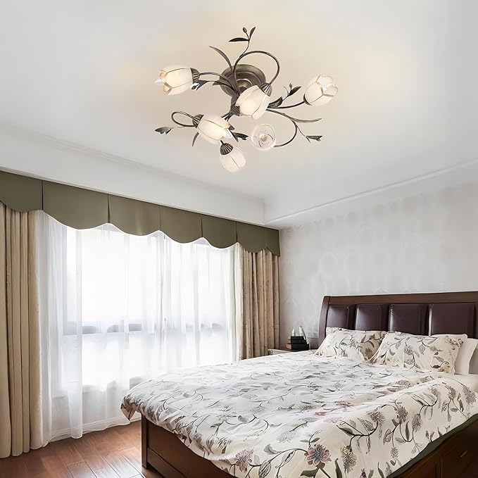 24 Inch 6-Lights Branch Shaped Ceiling Lights, Creative Retro Style Flower Vine Ceiling Light Fixtures, Country Style Ceiling Lamp for Living Room, Bedroom, Kitchen, Study Room