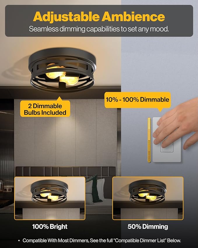 Sunco Flush Mount Ceiling Light, Farmhouse Light Fixtures, Hallway Ceiling Light Arcadia Industrial, 11" Diameter, 800 LM, Dimmable A19 Edison LED Bulbs Included, E26 Base, 8.5W=60W UL/ETL/T20 2 Pack.