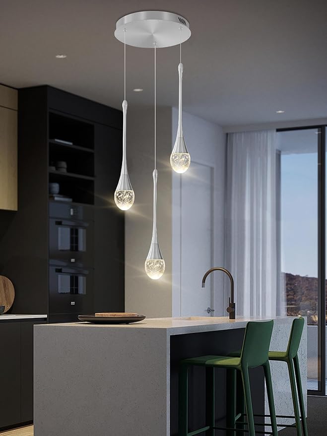 ykolupty Pendant Lights Kitchen Island 3-Lights Silver Crystal Chandelier for Dining Room Hallway Stairwell,LED Dimmable 2700K-6000K
