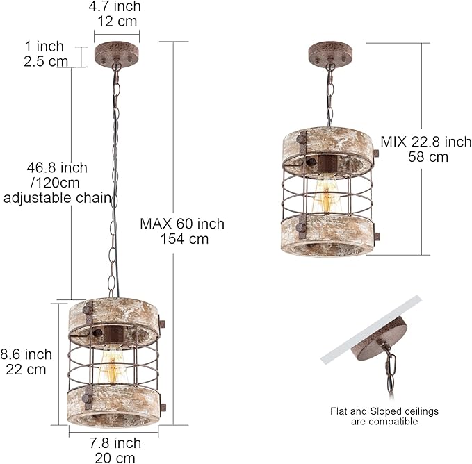 Retro Industrial Metal and Wood Chandelier 1-Light Round Cage Pendant Light Fixture for Kitchen Island Foyer Hallway Bar Dining Room Restaurant, D 7.8" x H 8.58" (White Brown)