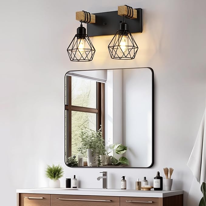 Farmhouse Vanity Light for Bathroom, 2-Light Wood Bathroom Vanity Light Fixtures Over Mirror, Rustic Sconces Wall Lighting with Metal Lampshade for Living Room, Bedroom, Hallway
