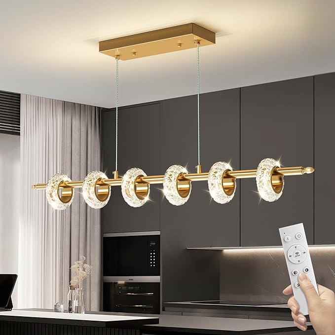 Dimmable Modern LED Chandelier with Remote Control, Crystal Dining Room Light Fixtures Over Table, 3000K-6500K Gold Linear Pendant Light for Kitchen Island