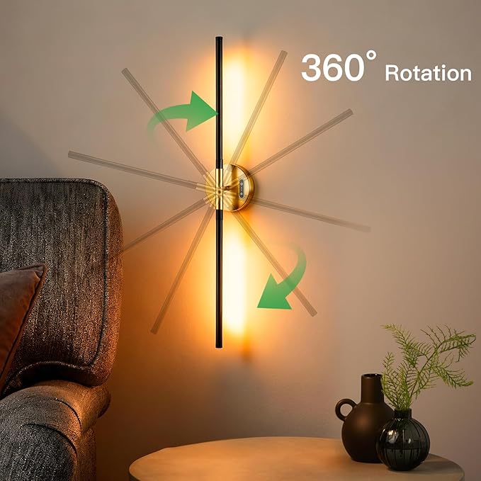 Battery Operated Wall Sconces with Remote, Dimmable Wall Sconces Set of 2, 3000K/4500K/6000K, 360° Rotate, Rechargeable Wall Lights for Living Room Bedroom Hallway