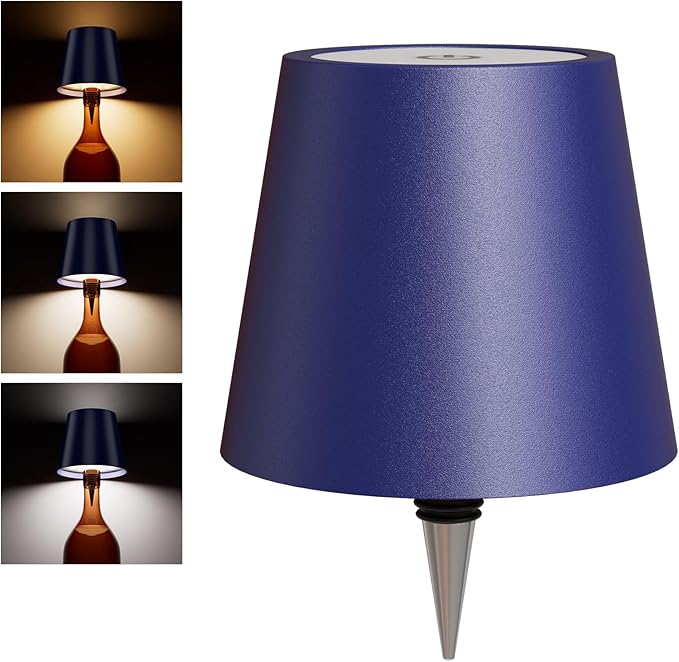 Wireless Bottle Lamp, Wine Bottle Lights with 3 Color Temperature, Rechargeable Stepless Dimming LED Bottle Lights for Liquor Bottles, Wireless Lamp for Bedroom Restaurant Bar-Dark Blue