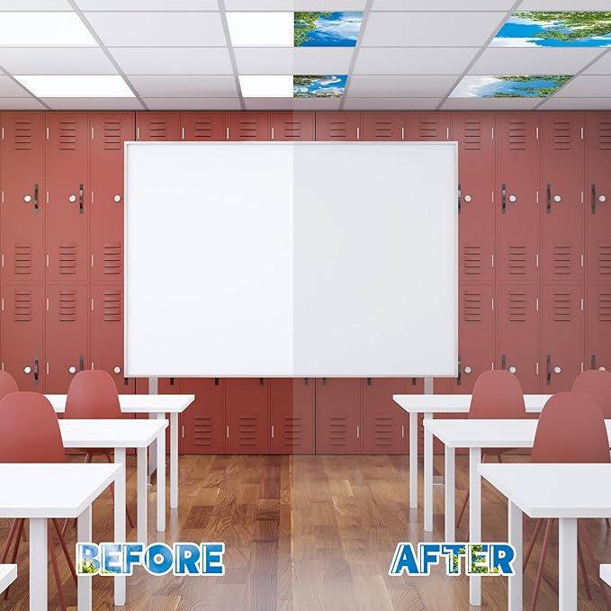 Amylove 8 Pcs 4 x 2 Feet Backlit Film Material Fluorescent Light Covers Classroom Filters Ceiling Light Covers Panels Florescent Diffuser(Blue Sky, Leaves)