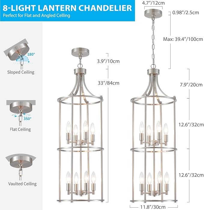 XINGQI Brushed Nickel Chandeliers for High Ceilings, 8 Light Lantern Tiered Chandelier Modern Farmhouse Cage Pendant Lighting Fixture for Staircase Foyer Kitchen Island Dinning Room Living Room