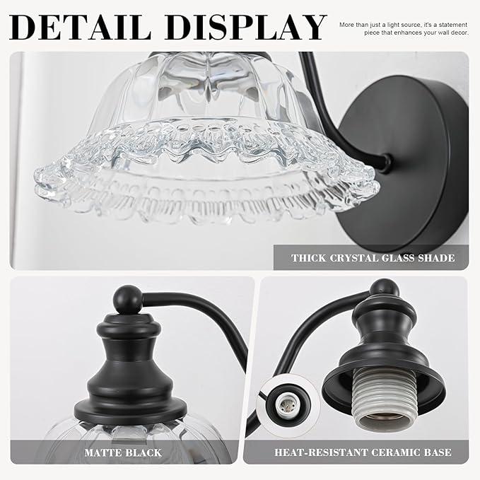 Vintage Wall Sconce Light, Matte Black Bathroom Sconces Wall Lighting, Antique Wall Light Fixture with Clear Flower Glass Shades, Indoor Wall Sconces for Living Room Bedroom, 1-Light Wall Lamp