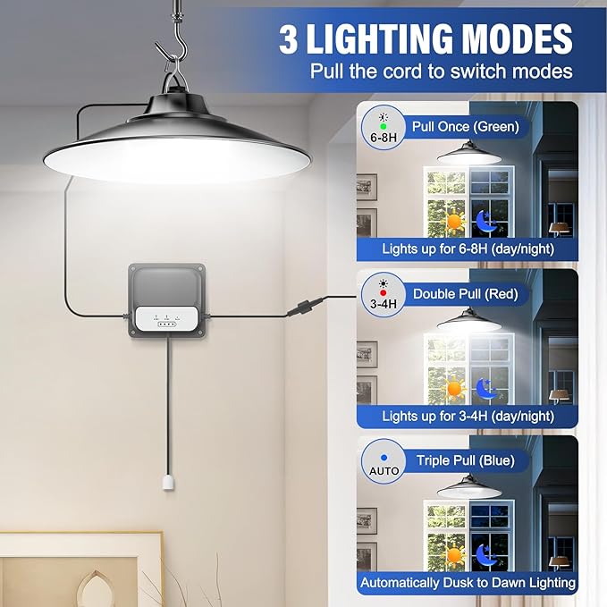 Otovoda Solar Shed Light Indoor Outdoor Pendant Light with Pull String, 3 Lighting Modes, IP65 Waterproof, Dusk to Dawn Outdoor Light for Chicken Coop Shop Gazebo Garage