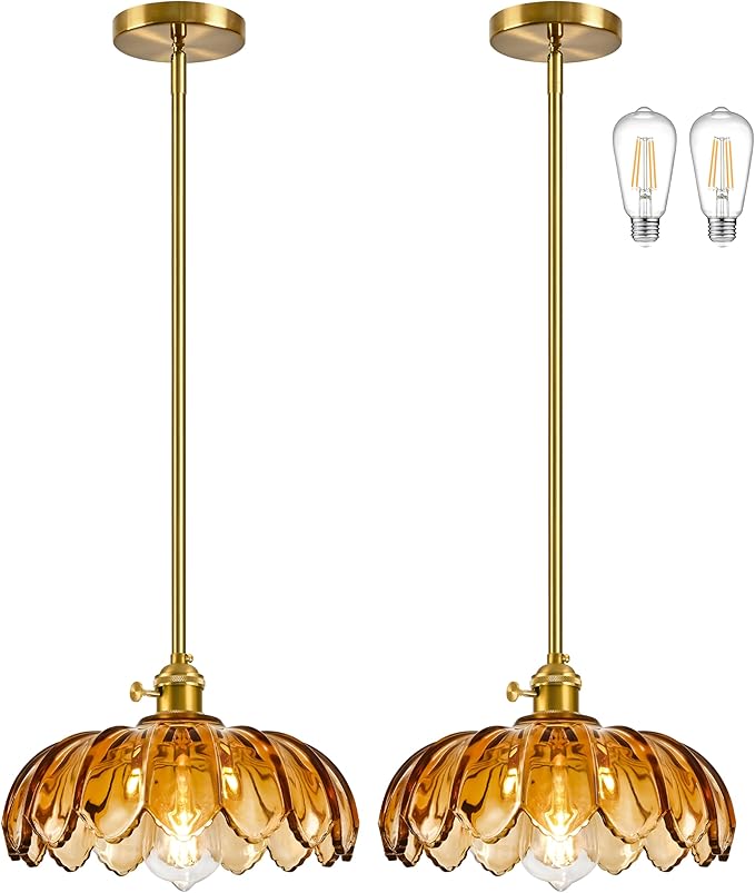 Mid Century Modern Pendant Light 2 Pack Hanging Adjustable Pendant Lights with Brushed Gold Fixture Amber Flower Glass Vintage Chandelier for Kitchen Island Bedroom Dining Room（Bulb Incl.）