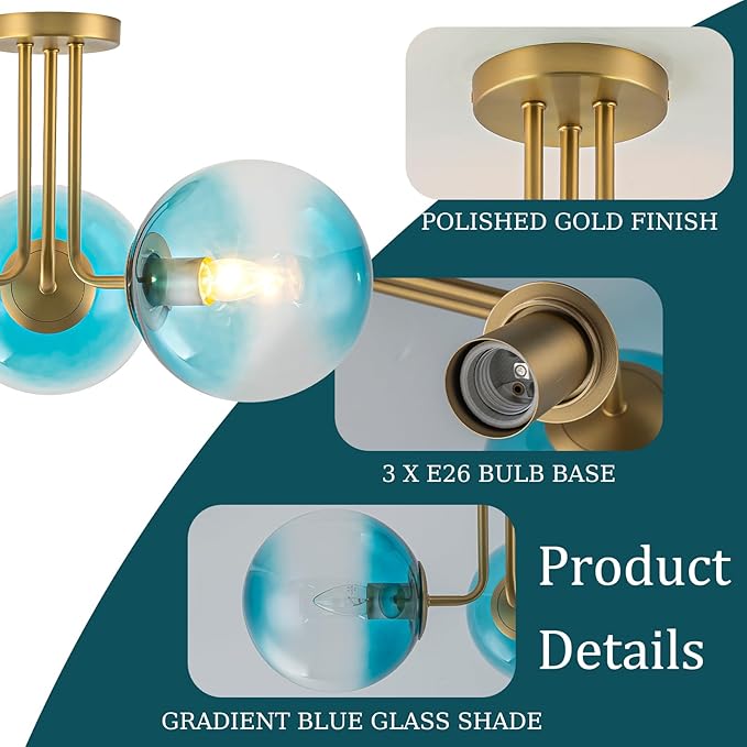 Lingkai Brass Gold Semi Flush Mount Ceiling Light,3-Lights Mid Century Modern Light Fixtures Ceiling Globe Glass Gold Sputnik Chandelier with Gradient Blue Shade for Living Room Bedroom Hallway