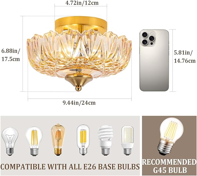 Semi Flush Mount Ceiling Light,Vintage Ceiling Light 9.44 Inch E26 Small Amber Glass Ceiling Lighting for Living Room Kitchen Bedroom Hallway 3 Light(Bulb Not Included)