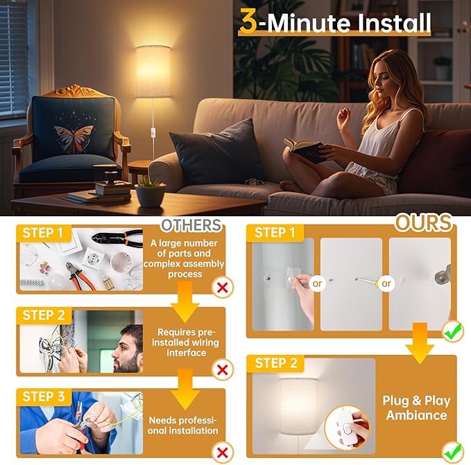 Shenmoyl Plug in Wall Sconces Set of 2 - Dimmable 3 Light Modes, Soft Fabric Linen Shade, Easy Install Wall Lamp for Bedroom, Corridor, Living Room Indoor Ambience Lighting with Switch